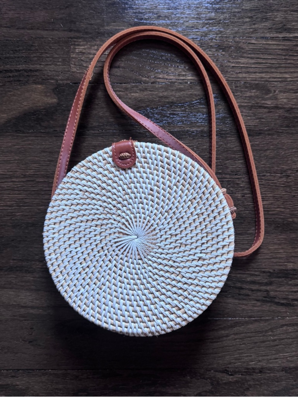 Round Woven Crossbody Bag in Off White with Brown Strap